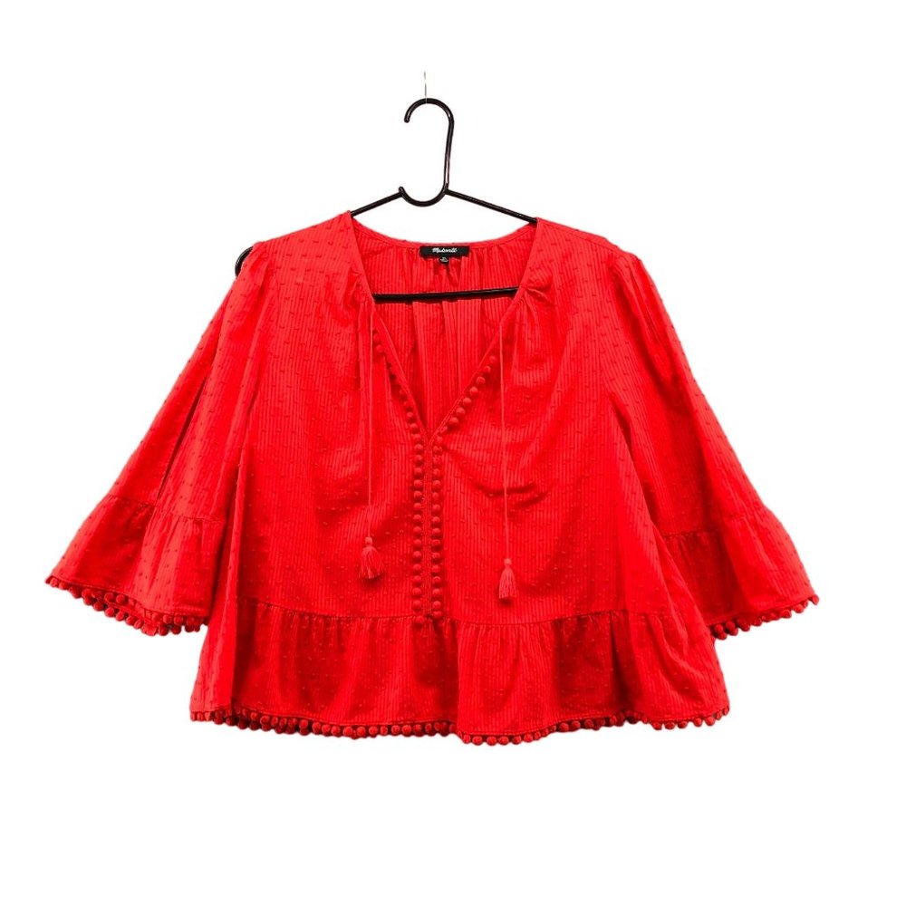 Madewell Womens Peekaboo Pom Pom Top Red Peplum Bell Sleeve Size L Tassel